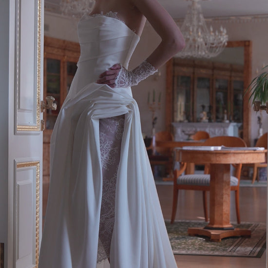 strapless matte mikado wedding dress with draped bodice and lace underskirt