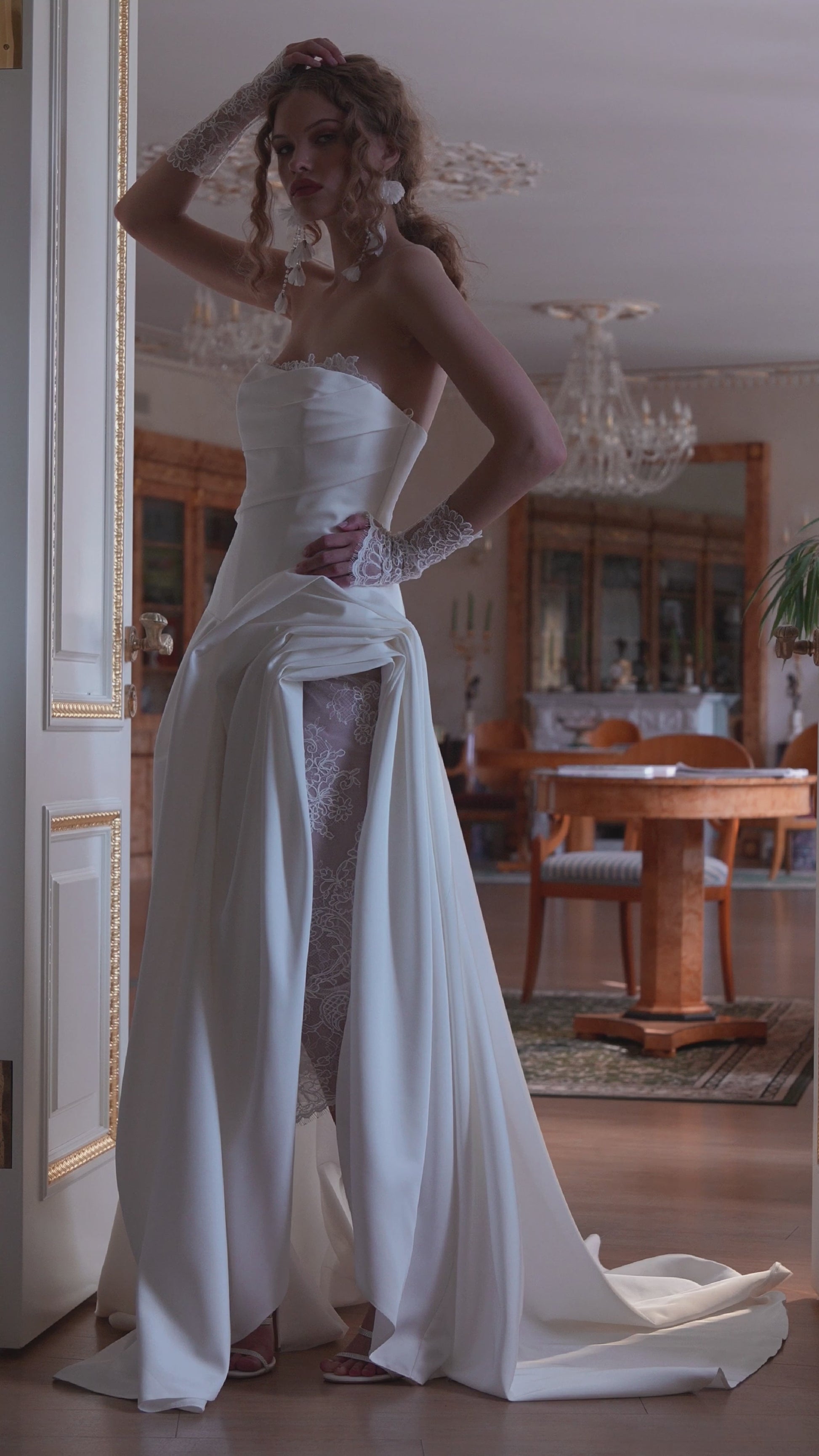 strapless matte mikado wedding dress with draped bodice and lace underskirt