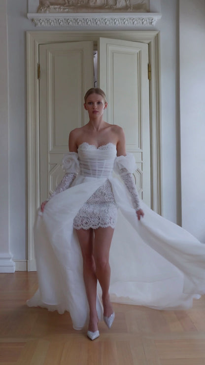 Romantic A-line wedding dress with 3D floral sleeves & slit