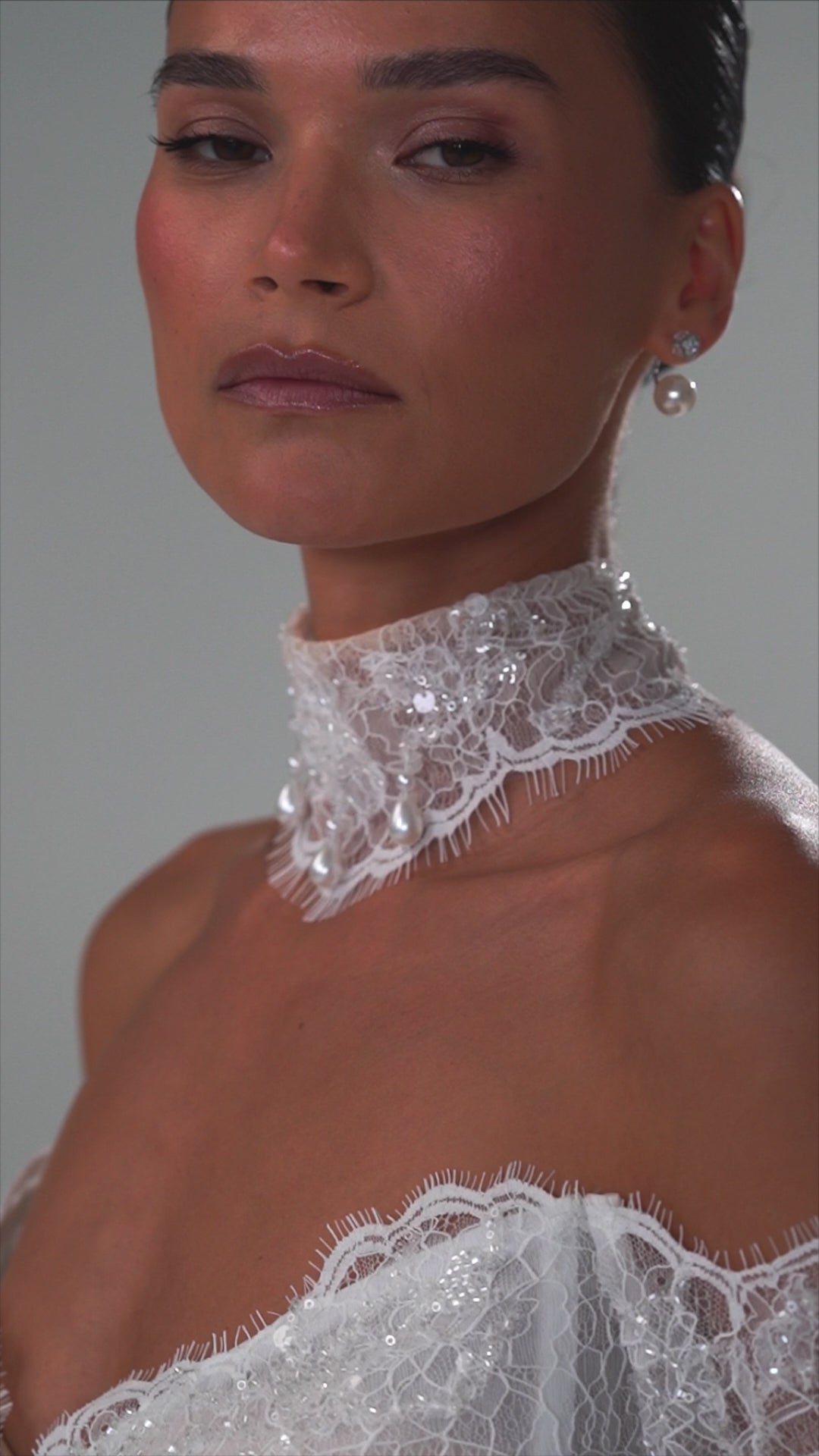 Lace mermaid wedding dress with off-shoulder long sleeves and sweetheart corset – video
