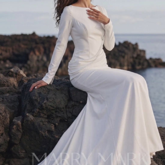 Crepe Wedding Dress with High Neck and Long Sleeves — movement and details, Illusion 2027