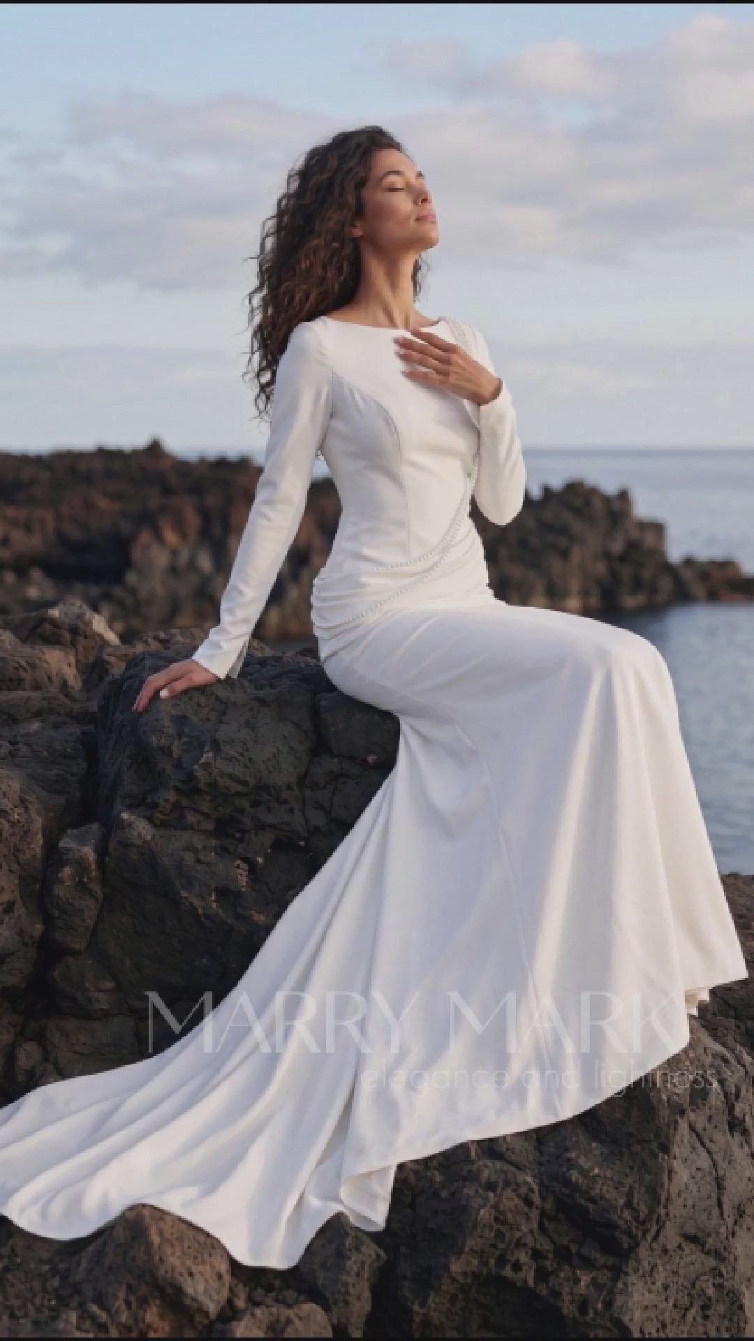 Crepe Wedding Dress with High Neck and Long Sleeves — movement and details, Illusion 2027