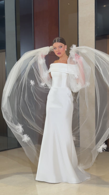 Mikado wedding dress with off-the-shoulder neckline