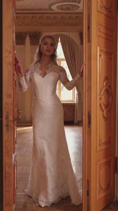 Lace Sheath Wedding Dress with Sweetheart Illusion Neckline and Long Sheer Lace Sleeves