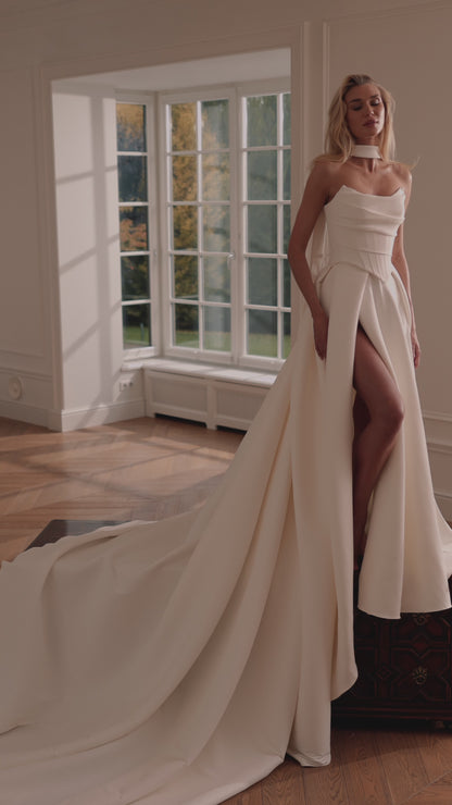 Mikado Ball Gown with Strapless Corset, High Slit and Extra-Long Train