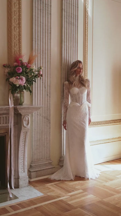 Lace Mermaid Wedding Dress with High-Neck Sheer Sleeves, Peplum Corset and Scalloped Train