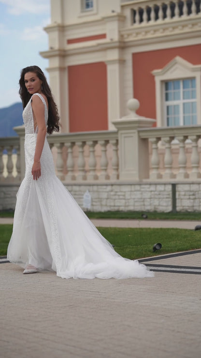 Mermaid wedding dress with pearl sequin lace and fishtail train