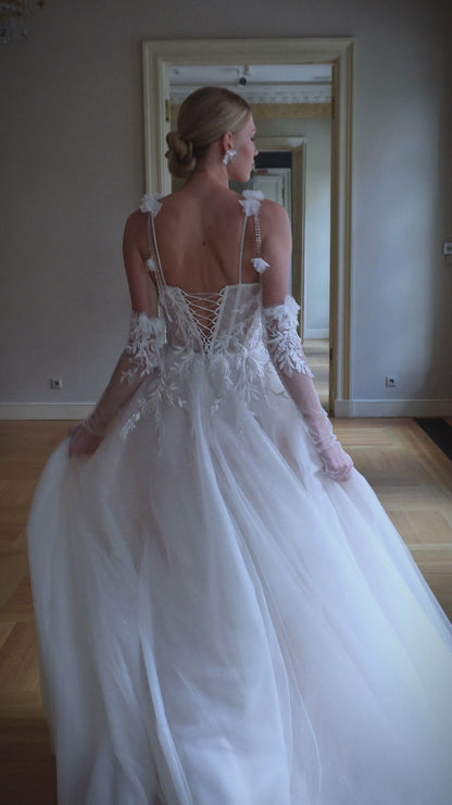 Romantic A-line tulle wedding dress with 3D floral elements