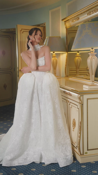 Princess A-Line Lace & Sequin Wedding Dress with Boat Neckline, Corset, and Chapel Train