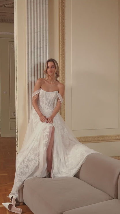 Off-Shoulder Lace A-Line Wedding Dress with Tulle Overlay and Pearl Straps