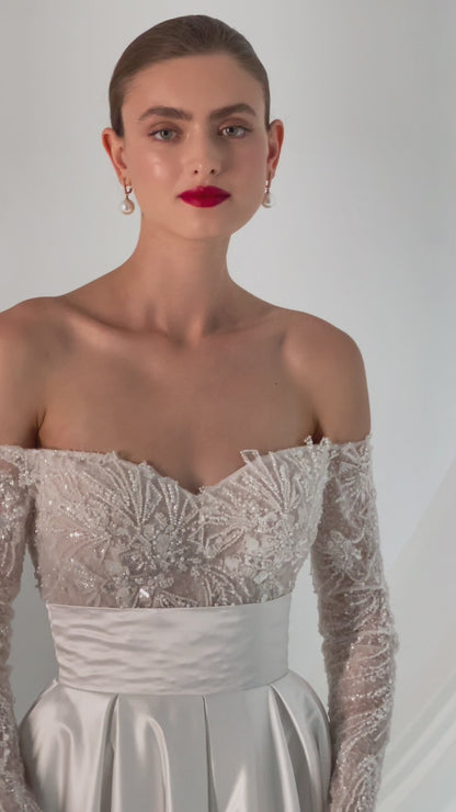 Off the shoulder satin wedding dress with chapel train