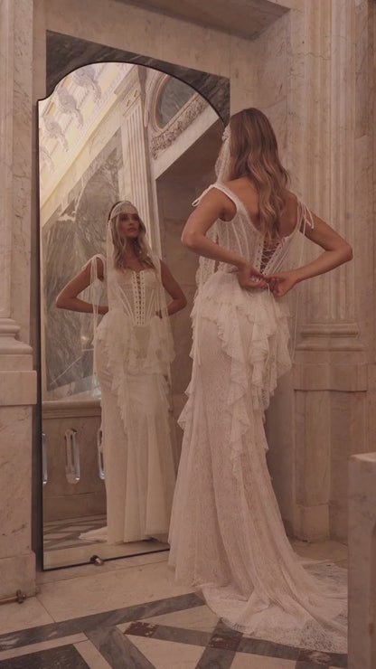 Lace Mermaid Wedding Dress with Square Neckline, Beaded Straps and Lace Ruffles