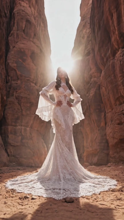 Fit-and-Flare Lace Wedding Dress with Chiffon Sleeves and Pearl Details