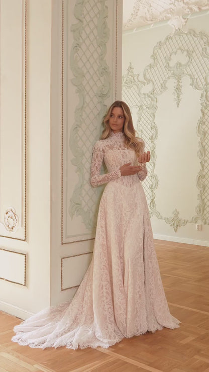 Lace A-Line Wedding Dress with High-Neck Long Sleeves, Corset Bodice and Slit