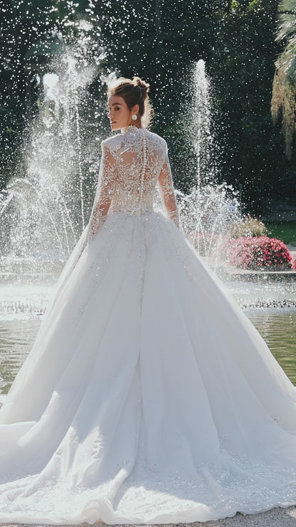 Princess ball gown wedding dress with beaded cathedral train