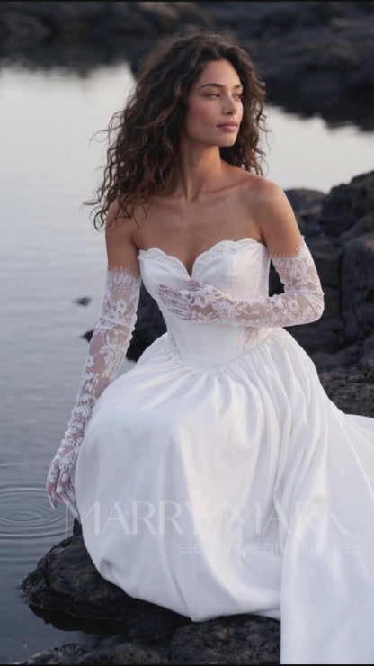 Satin A-Line Wedding Dress with Lace-Trimmed Corset — movement and details, Illusion 2027