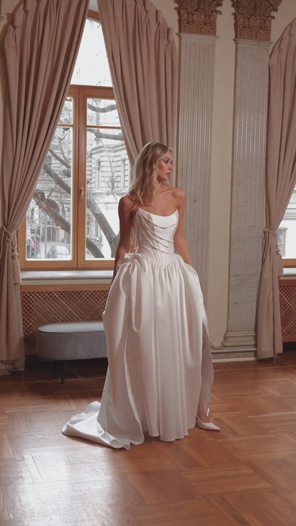 Mikado A-Line Wedding Dress with Strapless Scoop Corset, Bow and Front Slit