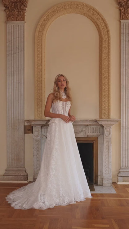 Strapless Sheer Corset Lace Ball Gown Wedding Dress with Peplum, Slit and Lace Choker