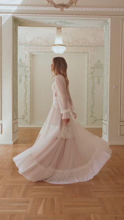 Boho Tiered Lace and Tulle Wedding Dress with Plunging V-Neck, Sheer Sleeves and Open Back