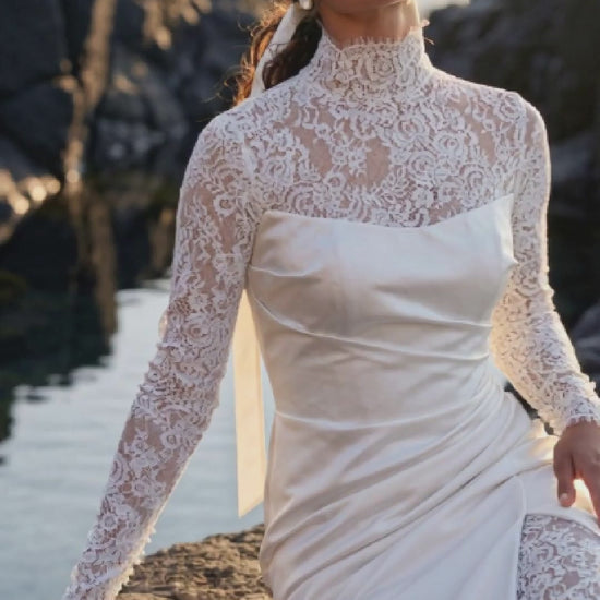 Satin and Lace Wedding Dress with Draped Bodice — movement and details, Illusion 2027