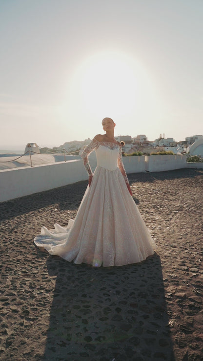 Princess A-line wedding dress with illusion sleeves and cathedral train
