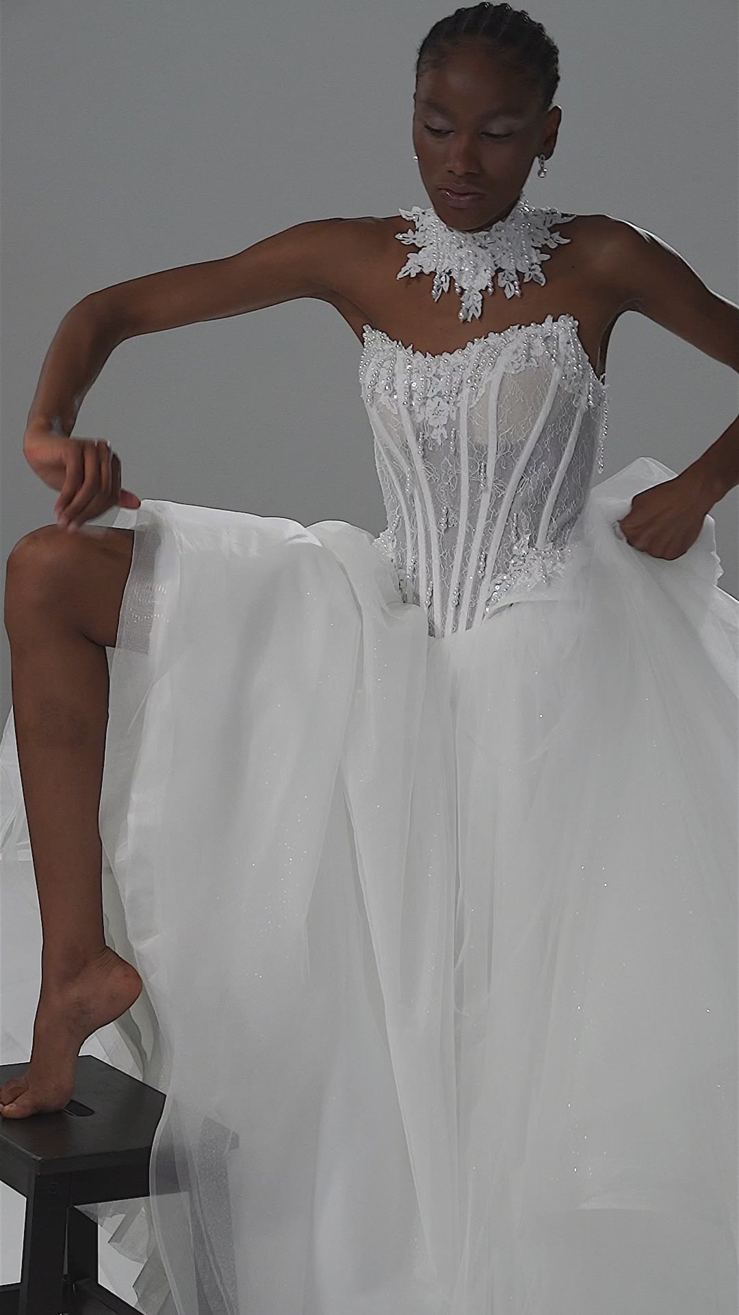 Tulle ball gown wedding dress with strapless lace corset and lace choker – video
