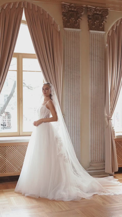Tulle Ball Gown Wedding Dress with Spaghetti Strap Corset and Lace Mantilla Veil