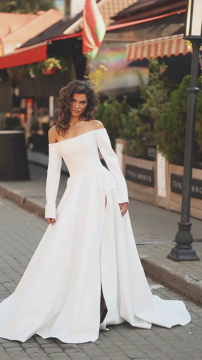 Mikado A-line off-the-shoulder wedding dress with long sleeves