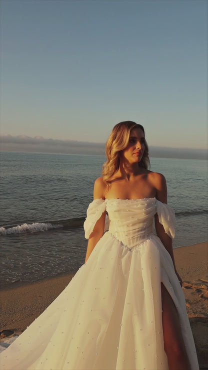 Princess A-Line Pearl Organza Wedding Dress with Off-Shoulder Draped Sleeves, Slit Skirt & Chapel Train