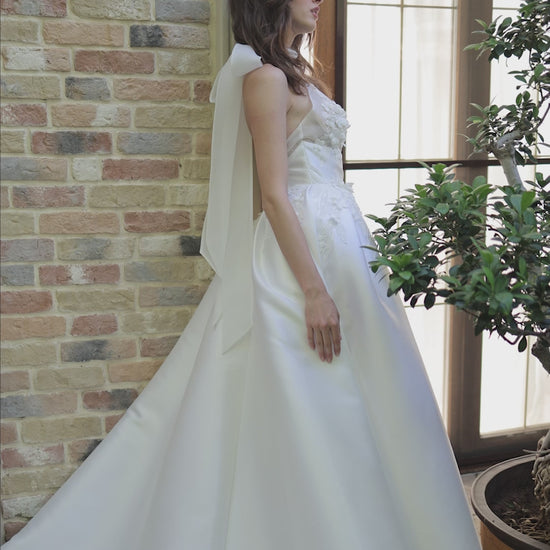 Sleeveless Mikado wedding dress with court train & slit skirt