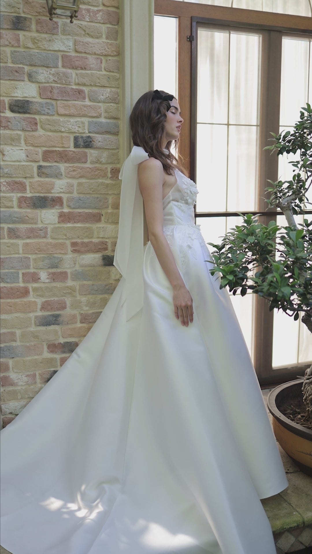 Sleeveless Mikado wedding dress with court train & slit skirt
