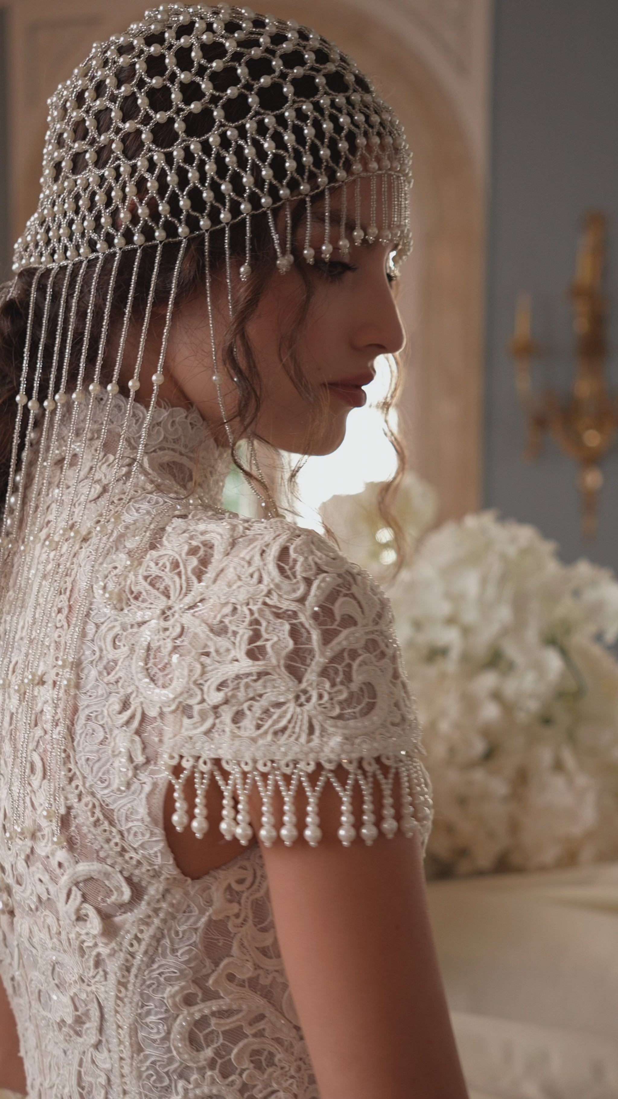 Lace mini wedding dress with high neck, cap sleeves and pearl fringe – video