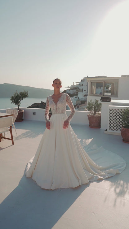 A-line wedding dress with illusion sleeves & cathedral train