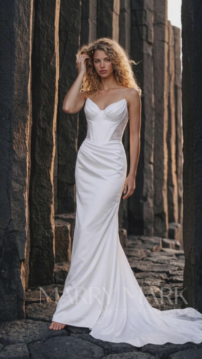 Satin and Lace Mermaid Wedding Dress with Sweetheart Corset — movement and details, Illusion 2027