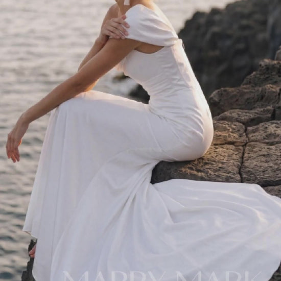 Satin Mermaid Wedding Dress with Off-Shoulder Draping — movement and details, Illusion 2027