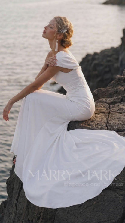 Satin Mermaid Wedding Dress with Off-Shoulder Draping — movement and details, Illusion 2027