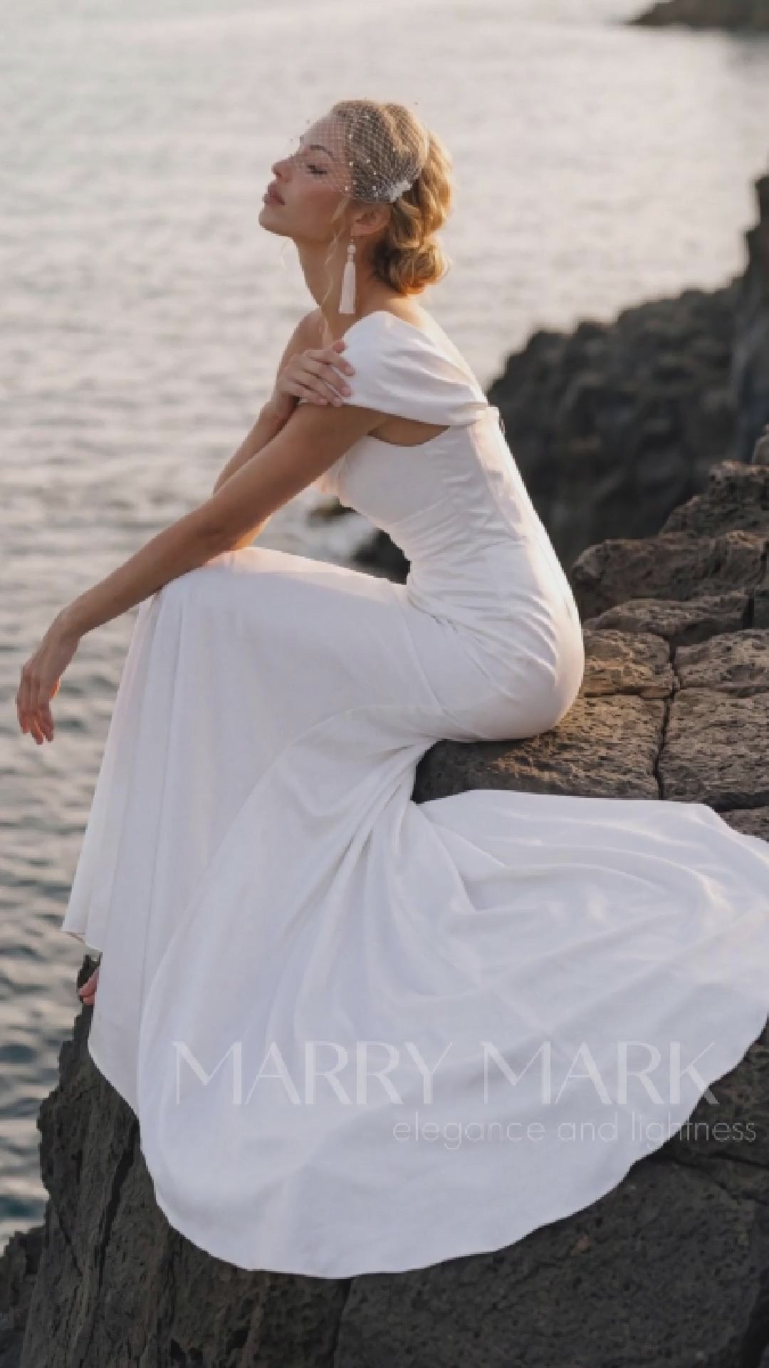 Satin Mermaid Wedding Dress with Off-Shoulder Draping — movement and details, Illusion 2027