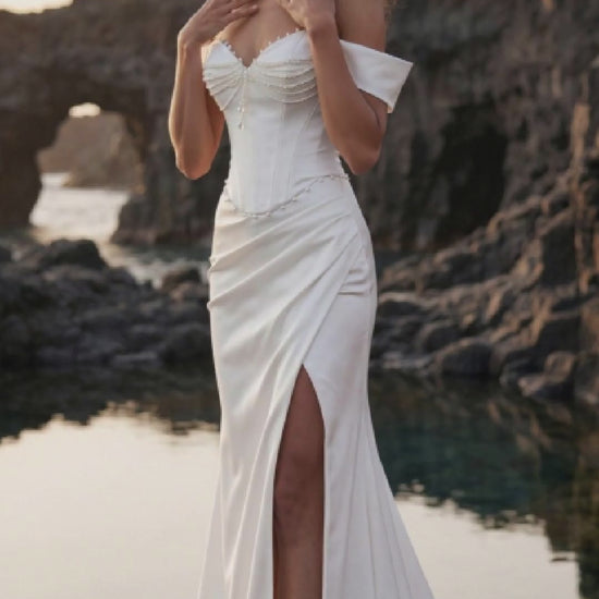 Satin Corset Wedding Dress with Draped Slit Skirt — movement and details, Illusion 2027