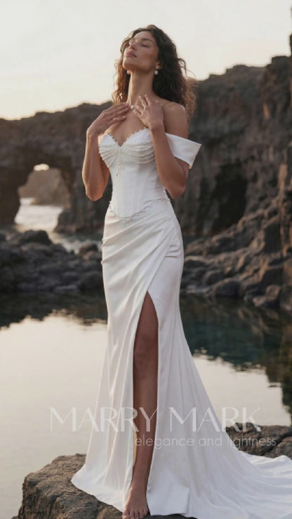Satin Corset Wedding Dress with Draped Slit Skirt — movement and details, Illusion 2027