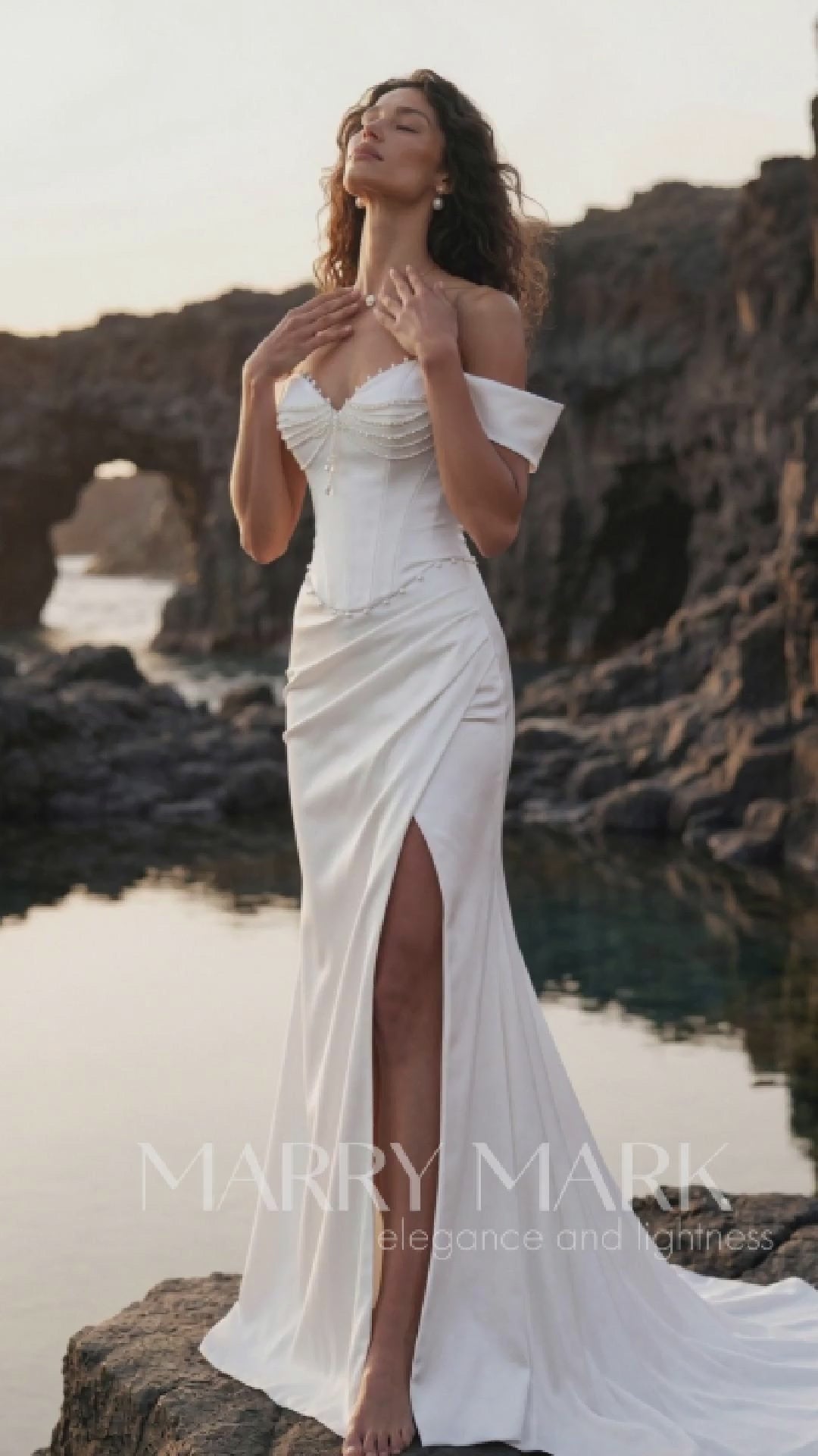 Satin Corset Wedding Dress with Draped Slit Skirt — movement and details, Illusion 2027