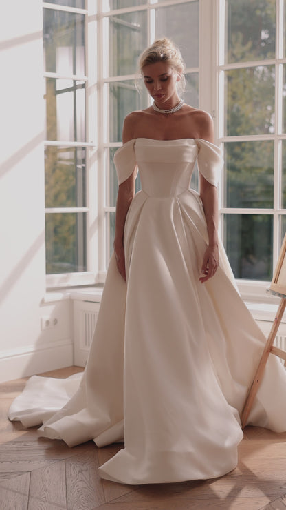 Mikado A-Line Wedding Dress with Pleated Off-the-Shoulder Neckline and High Slit