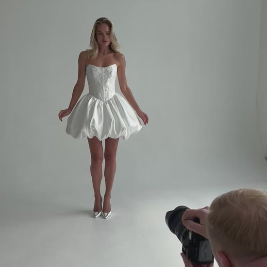 Video: short satin bubble-hem wedding dress
