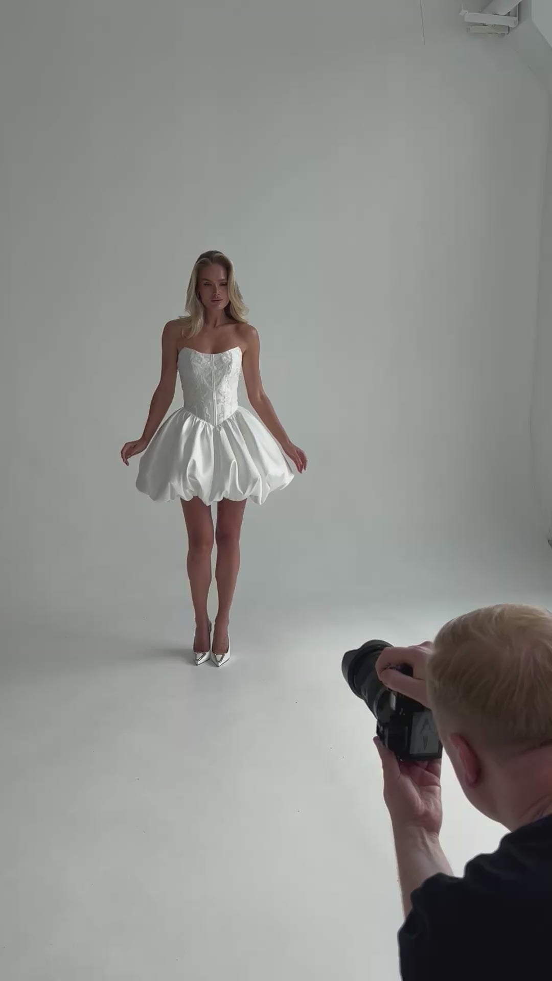 Video: short satin bubble-hem wedding dress