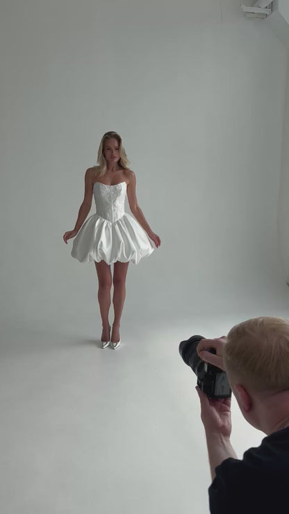 Video: short satin bubble-hem wedding dress