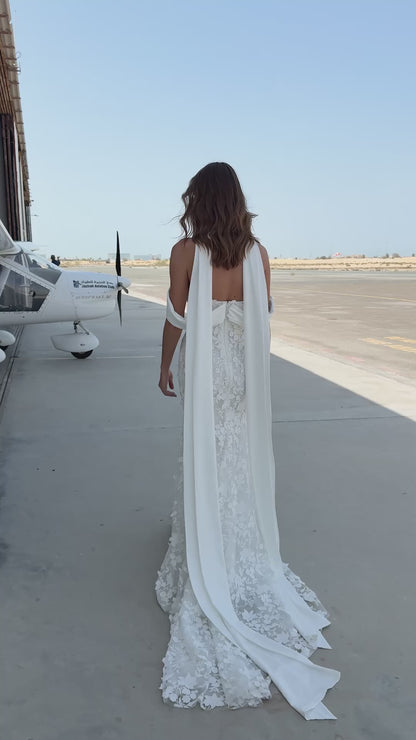 Long-Sleeve Lace Fit-and-Flare Mermaid Wedding Dress with Illusion Back & Chapel Train