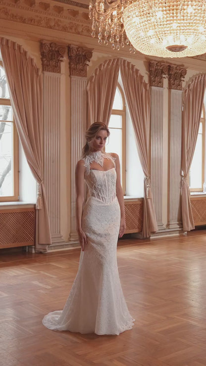 Mermaid Lace Wedding Dress with Pearl Beaded Corset and Keyhole