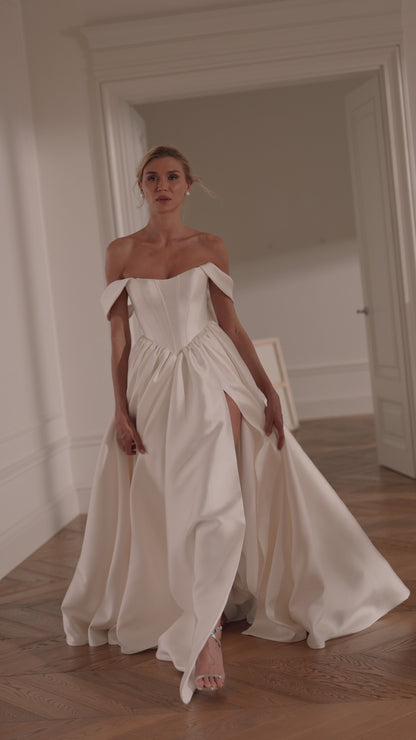 A-Line Mikado Wedding Dress with Corset Bodice, Off-the-Shoulder Straps and High Slit