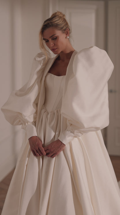 A-Line Mikado Wedding Dress with Corset Bodice, Off-the-Shoulder Straps and High Slit