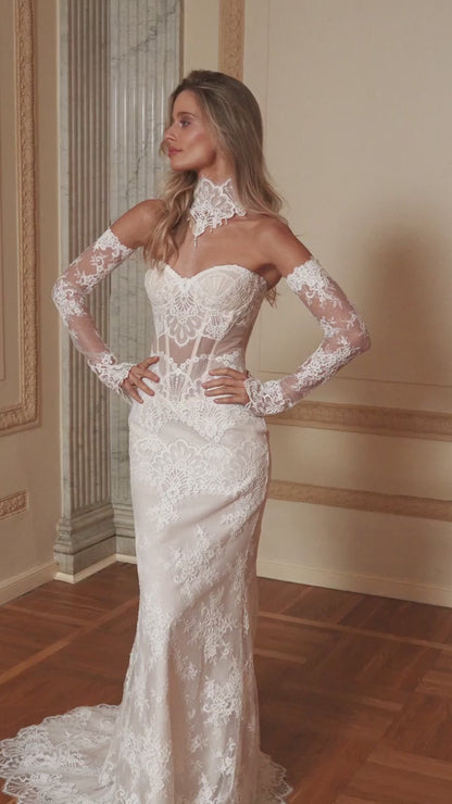 Off-Shoulder Lace Mermaid Wedding Dress with Sheer Corset, Lace Sleeves and Scalloped Train