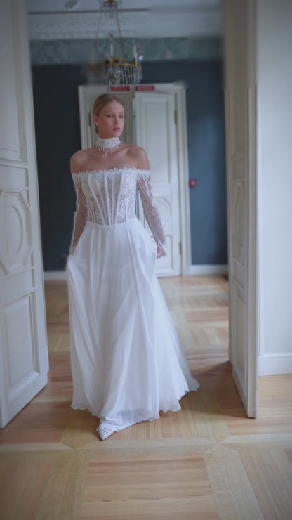 Off the shoulder chiffon A-line wedding dress 